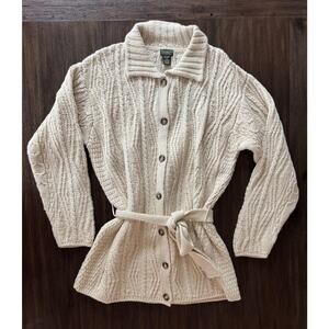 LL Bean Sweater Irish Wool Fisherman Belted Cardigan Ireland Cable Knit L